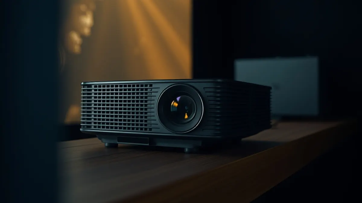 Vidéoprojecteur home cinéma posé sur un meuble face à un écran